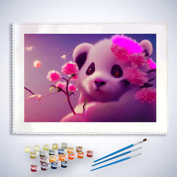 Malen nach Zahlen - Pandabär mit Pinken Blumen - hochwertige Leinwand - Blumen, Horizontal, Panda, Tiere