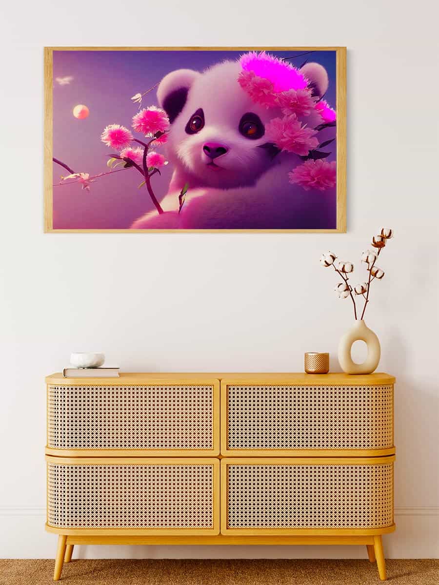 Malen nach Zahlen - Pandabär mit Pinken Blumen - hochwertige Leinwand - Blumen, Horizontal, Panda, Tiere
