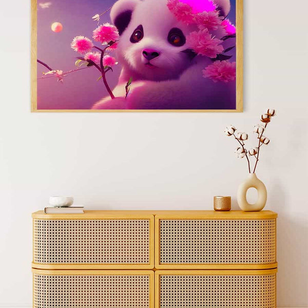 Malen nach Zahlen - Pandabär mit Pinken Blumen - hochwertige Leinwand - Blumen, Horizontal, Panda, Tiere