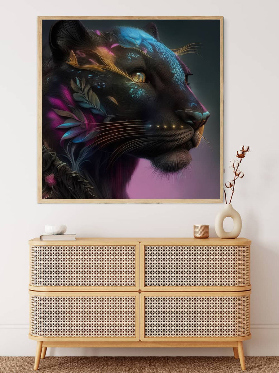 Paint by Numbers Diamond Painting Kit - Panther Portrait on wall over a rattan drawer unit, decorative vase, and sprig of dried flowers