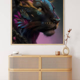 Paint by Numbers Diamond Painting Kit - Panther Portrait on wall over a rattan drawer unit, decorative vase, and sprig of dried flowers