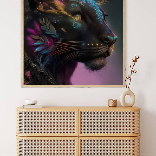 Paint by Numbers Diamond Painting Kit - Panther Portrait on wall over a rattan drawer unit, decorative vase, and sprig of dried flowers