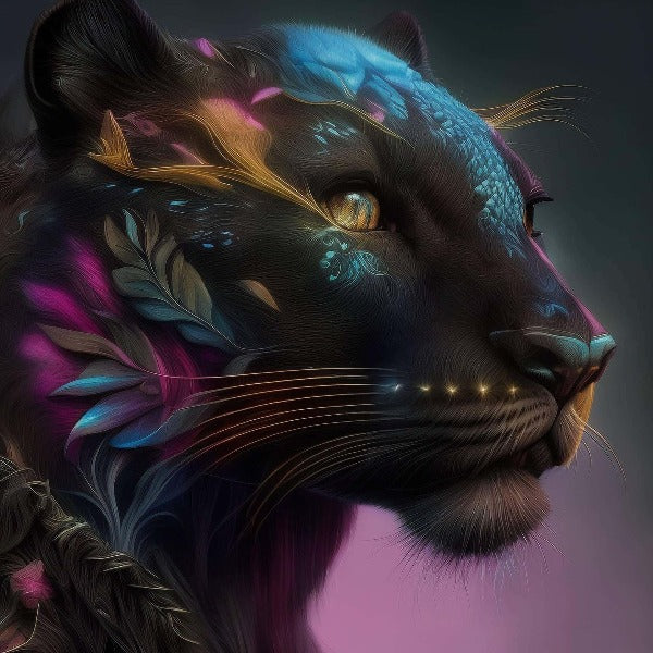 Diamond Painting - Panther Portrait with vibrant colors and intricate details. Paint by Numbers kit with enhanced acrylic diamonds.