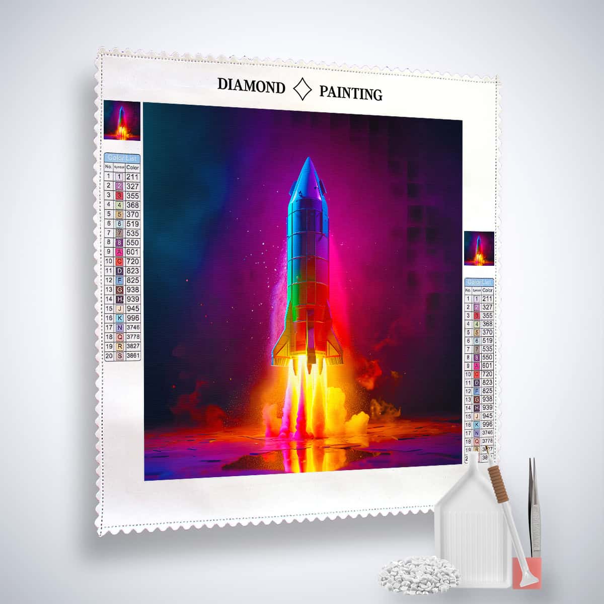 Diamond Painting - Color Rocket kit, including canvas, acrylic diamonds, artist tweezers, and application pen. Paint by Numbers design.