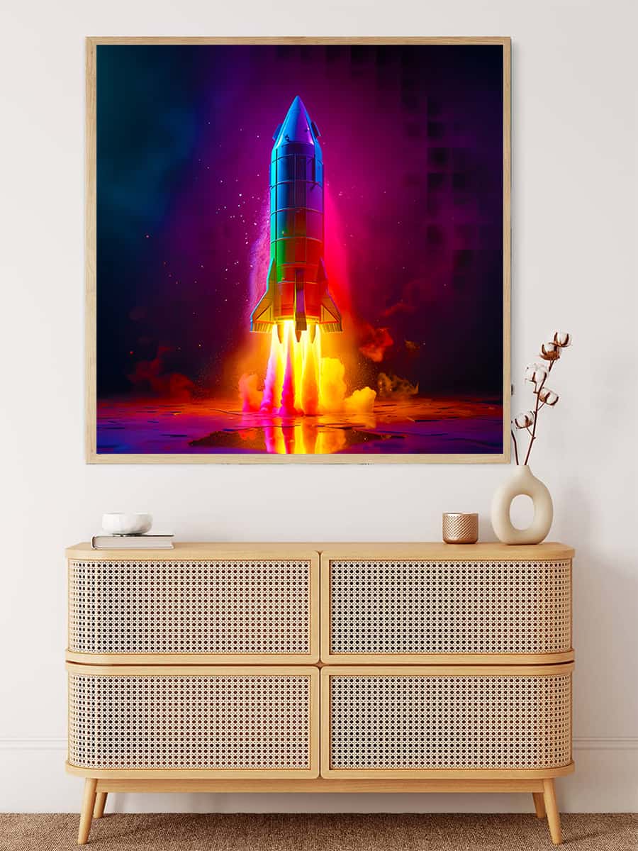 Diamond Painting - Color Rocket displayed on a wall above a modern wooden dresser. Sparkling Paint by Numbers art kit featuring a colorful rocket.
