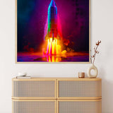 Diamond Painting - Color Rocket displayed on a wall above a modern wooden dresser. Sparkling Paint by Numbers art kit featuring a colorful rocket.
