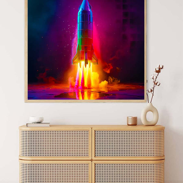 Diamond Painting - Color Rocket displayed on a wall above a modern wooden dresser. Sparkling Paint by Numbers art kit featuring a colorful rocket.