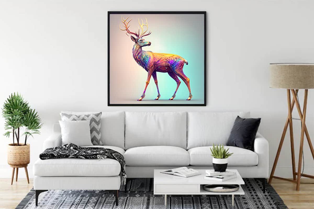 Neon Deer Diamond Painting Kit displayed above a modern sofa; vibrant paint by numbers canvas art adding a pop of color to the living room decor.
