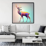 Neon Deer Diamond Painting Kit displayed above a modern sofa; vibrant paint by numbers canvas art adding a pop of color to the living room decor.