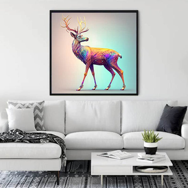 Neon Deer Diamond Painting Kit displayed above a modern sofa; vibrant paint by numbers canvas art adding a pop of color to the living room decor.