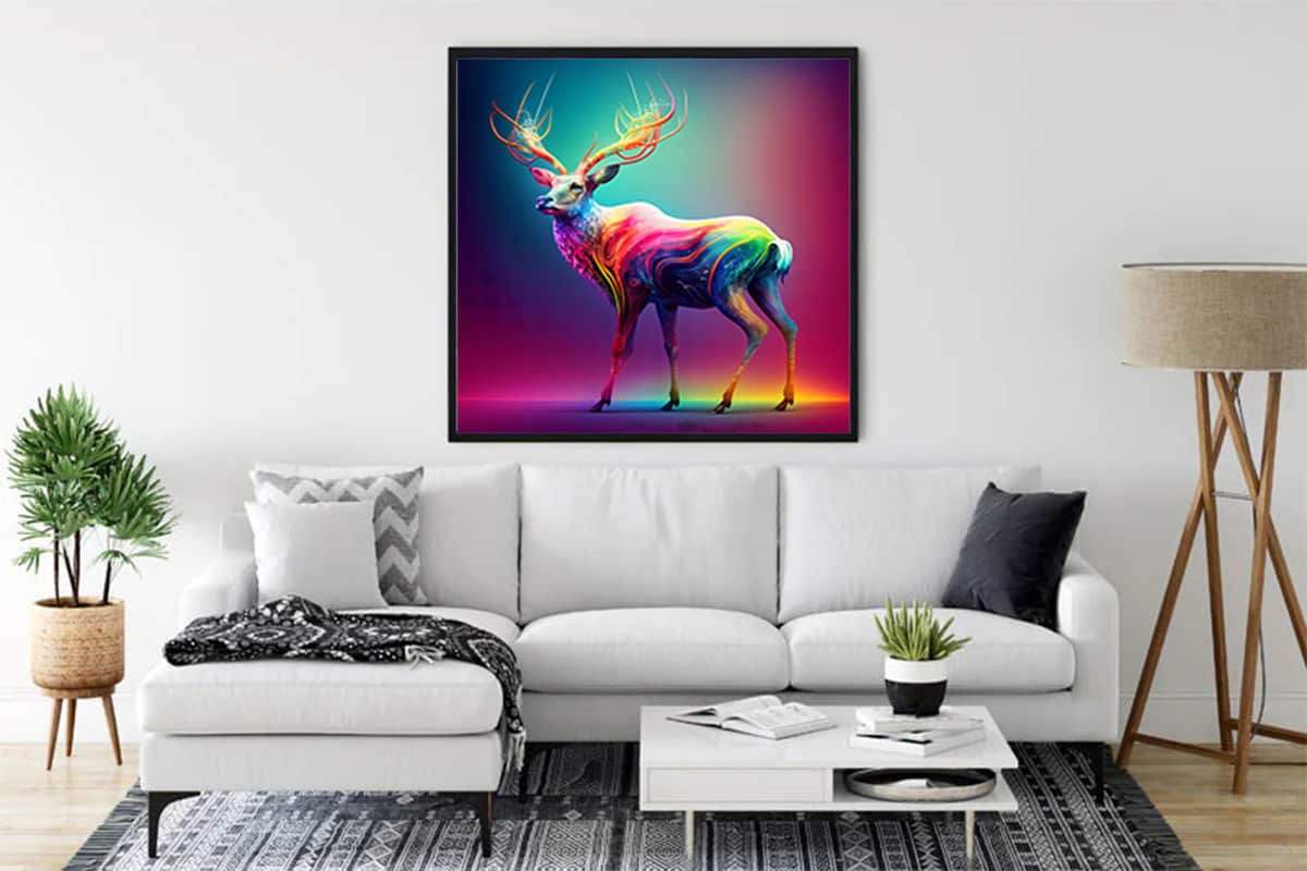Diamond Painting - Rainbow Deer displayed in modern living room decor