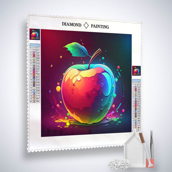 Diamond painting kit featuring a vibrant apple design with a splash effect, includes professional canvas, acrylic diamonds, and tools for paint by numbers.