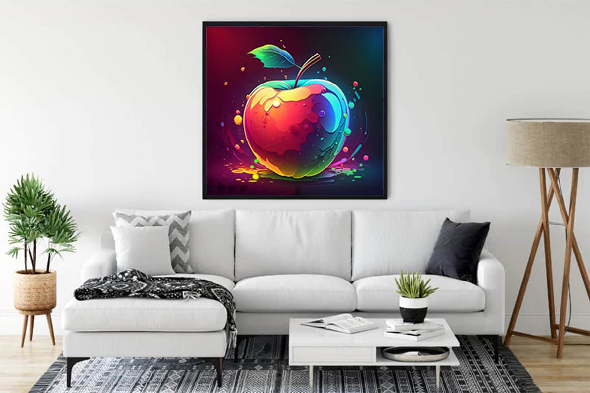 Modern living room with Diamond Painting - Apple, Splash artwork; vibrant apple design in rainbow colors. Paint by Numbers wall art.