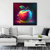 Modern living room with Diamond Painting - Apple, Splash artwork; vibrant apple design in rainbow colors. Paint by Numbers wall art.
