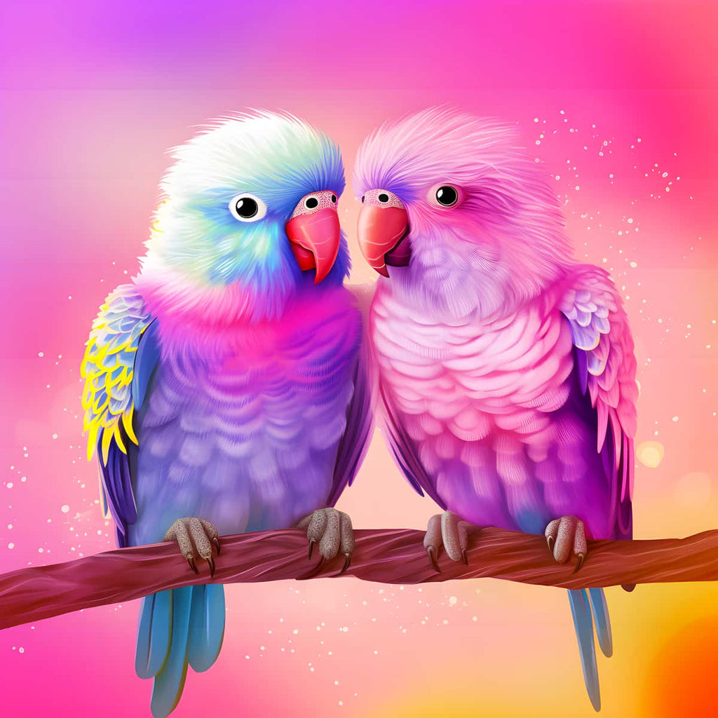 Lovebirds diamond painting kit with vibrant colors, perfect for paint by numbers art projects.