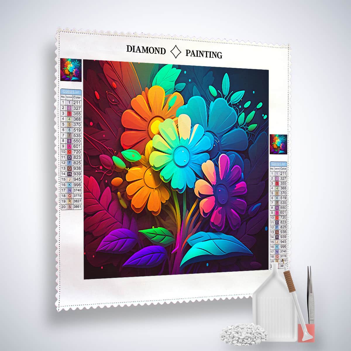 Diamond Painting Kit - Colorful Flowers Design, Paint by Numbers with Acrylic Diamonds, Canvas, Tweezers, and Application Pen