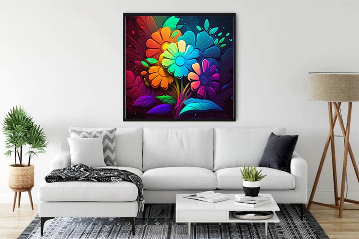 Colorful diamond painting of flowers on canvas displayed in modern living room, paint by numbers art kit.