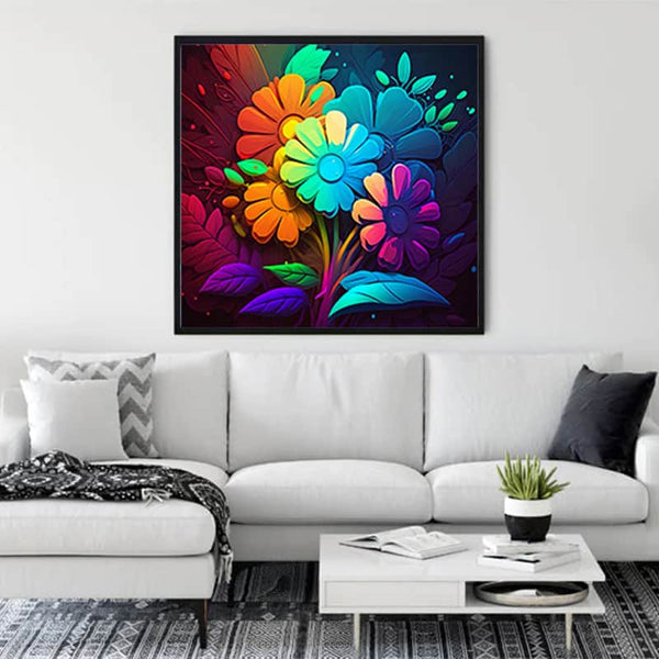 Colorful diamond painting of flowers on canvas displayed in modern living room, paint by numbers art kit.