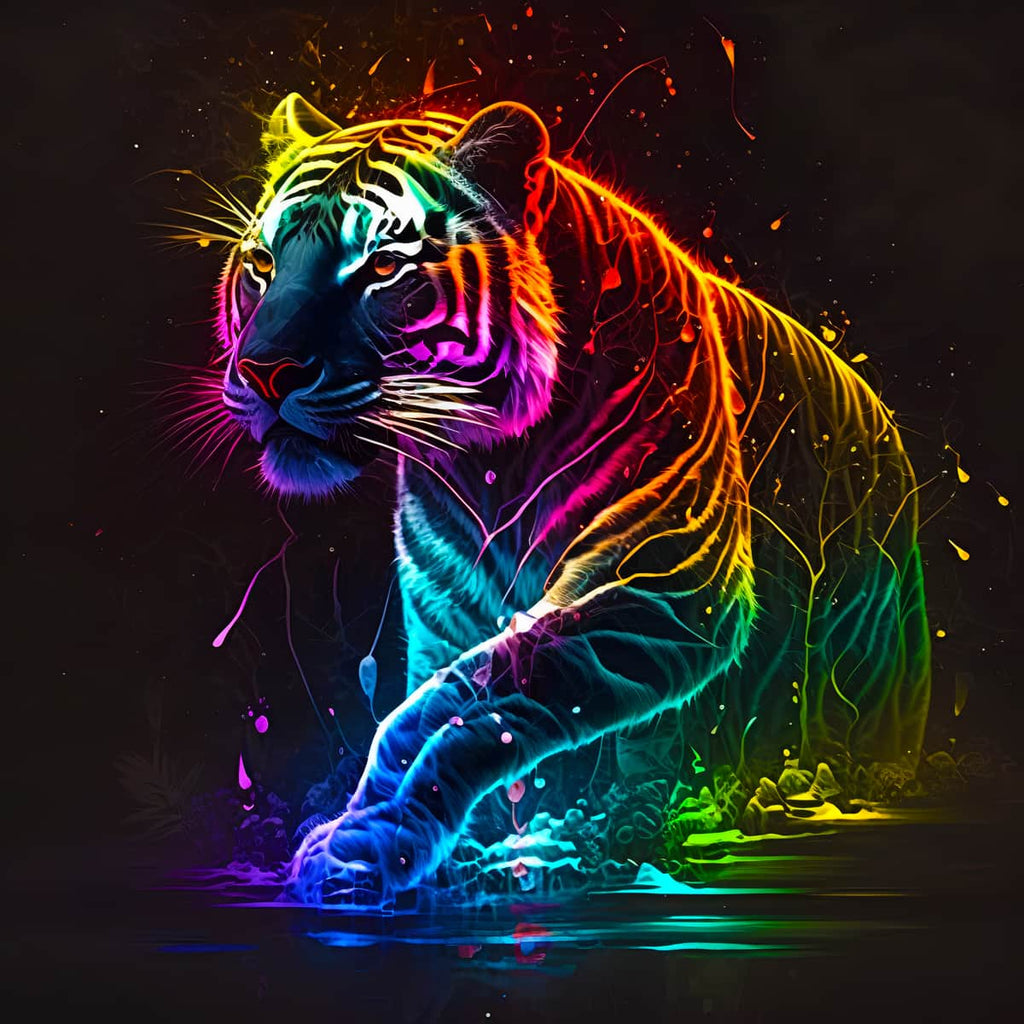 Neon tiger diamond painting kit featuring vibrant and colorful paint by numbers design.