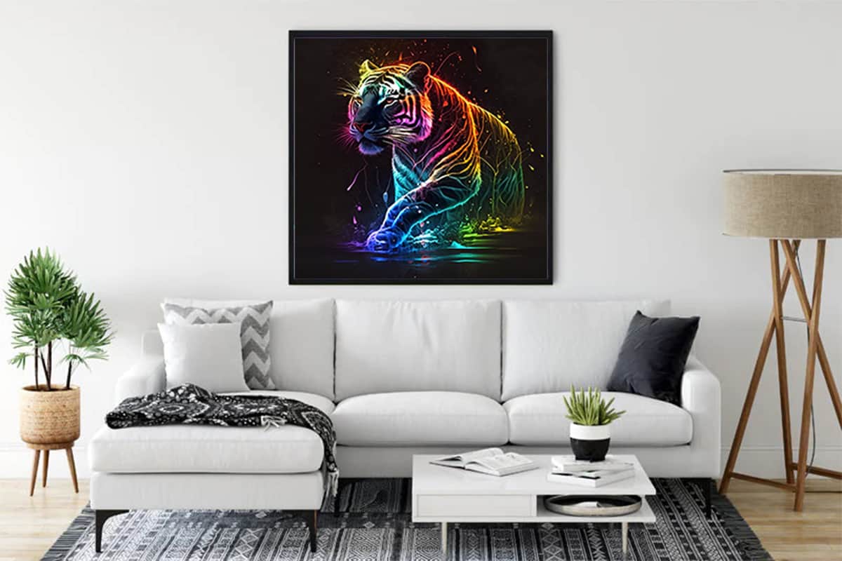Diamond Painting kit featuring a vibrant Neon Tiger design, displayed in a modern living room. Ideal for Paint by Numbers enthusiasts.