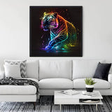 Diamond Painting kit featuring a vibrant Neon Tiger design, displayed in a modern living room. Ideal for Paint by Numbers enthusiasts.