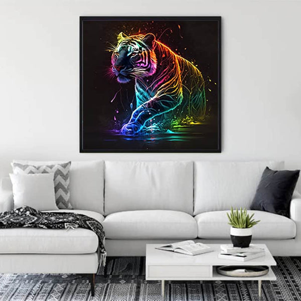 Diamond Painting kit featuring a vibrant Neon Tiger design, displayed in a modern living room. Ideal for Paint by Numbers enthusiasts.
