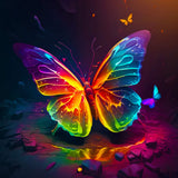 Neon butterfly diamond painting kit with vibrant colors and sparkling acrylic diamonds. Paint by Numbers art on professional canvas.