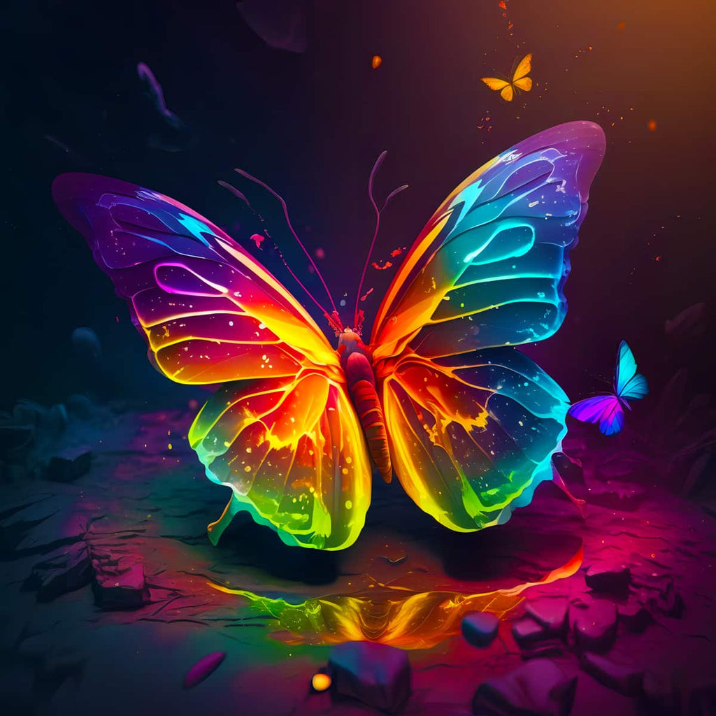 Neon butterfly diamond painting kit with vibrant colors and sparkling acrylic diamonds. Paint by Numbers art on professional canvas.