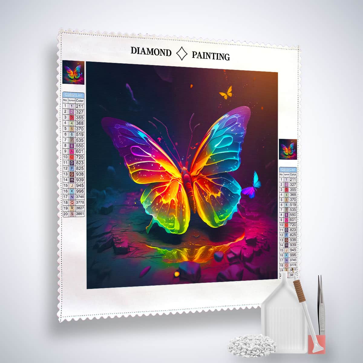 Diamond Painting Kit featuring a vibrant neon butterfly design with acrylic diamonds, canvas, fine artist's tweezers, and application pen