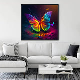 Framed neon butterfly diamond painting hanging in modern living room with white sofa and plants, showcasing colorful Paint by Numbers art.
