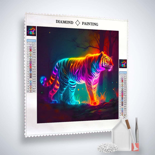 Diamond Painting Kit featuring a bright colorful tiger with acrylic diamonds, professional canvas, artist's tweezers, and application pen.
