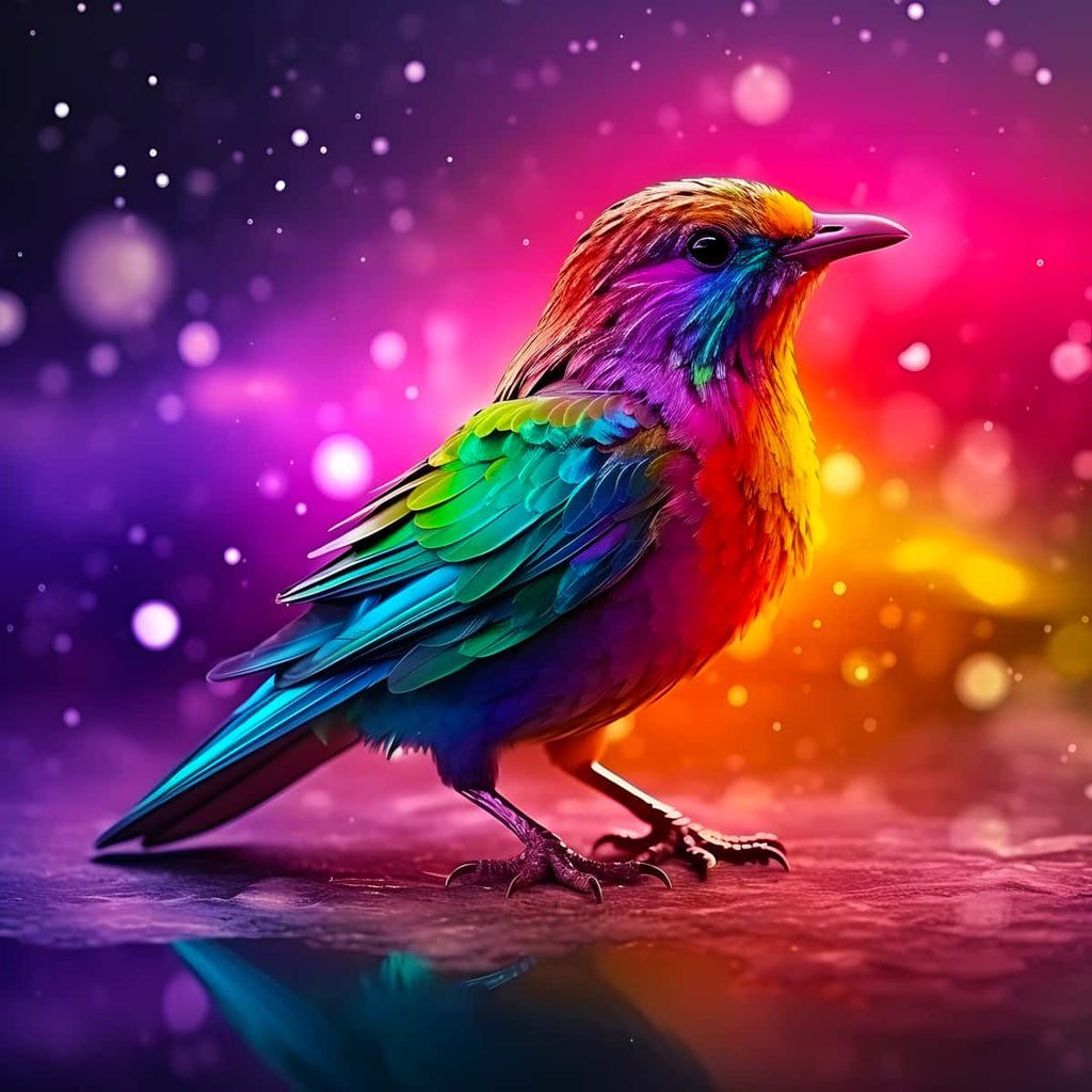 Colorful bright bird diamond painting kit, paint by numbers art, sparkling rainbow design with acrylic diamonds