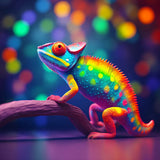 Rainbow chameleon on a branch from AB Diamond Painting kit with colorful background. Paint by Numbers for sparkling art.