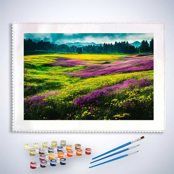 Malen nach Zahlen - Lila Blumenfelder - hochwertige Leinwand - Horizontal, Landschaft