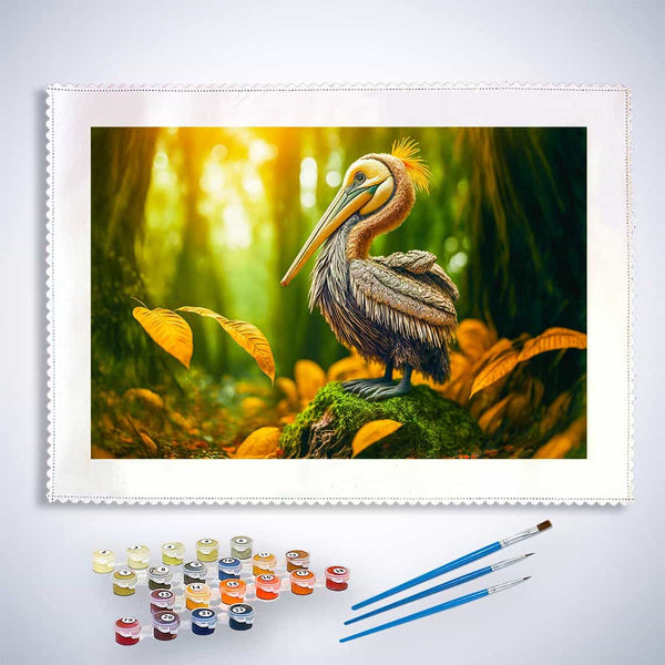 Malen nach Zahlen - Pelikan im Wald - hochwertige Leinwand - Horizontal, Pelikan, Tiere, Vögel