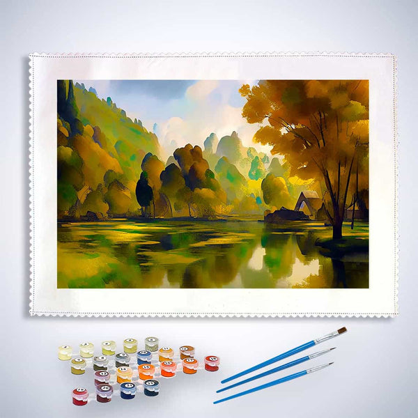 Malen nach Zahlen - Waldsee, Abstrakt - hochwertige Leinwand - Horizontal, Landschaft