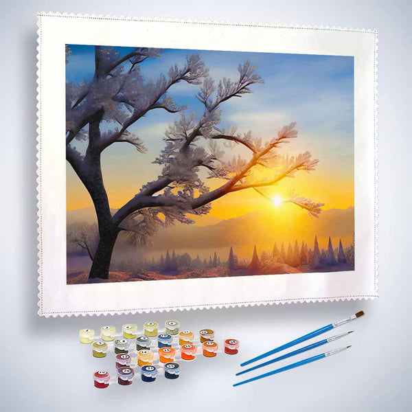 Malen nach Zahlen - Morgentau im Sonnenaufgang - hochwertige Leinwand - Horizontal, Landschaft, Sonnenaufgang, Winter