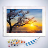 Malen nach Zahlen - Morgentau im Sonnenaufgang - hochwertige Leinwand - Horizontal, Landschaft, Sonnenaufgang, Winter