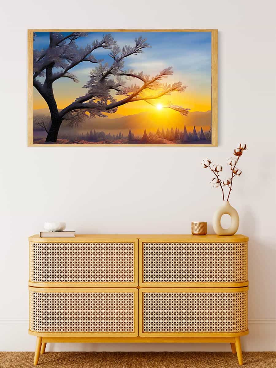 Malen nach Zahlen - Morgentau im Sonnenaufgang - hochwertige Leinwand - Horizontal, Landschaft, Sonnenaufgang, Winter