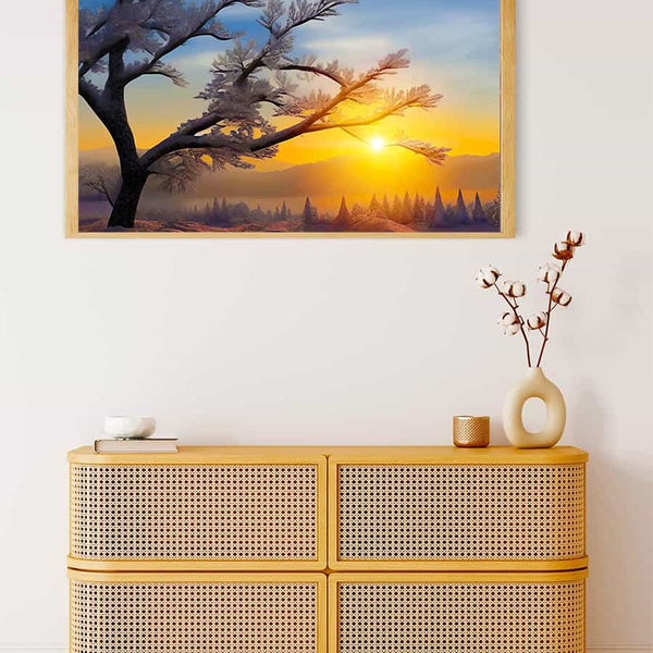 Malen nach Zahlen - Morgentau im Sonnenaufgang - hochwertige Leinwand - Horizontal, Landschaft, Sonnenaufgang, Winter