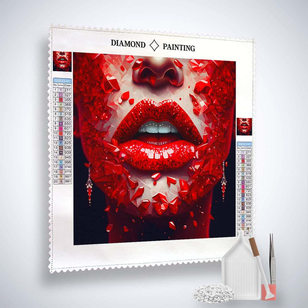 AB Diamond Painting Kit - Red Lips design on professional canvas with acrylic diamonds, painting tools included - Paint by Numbers.