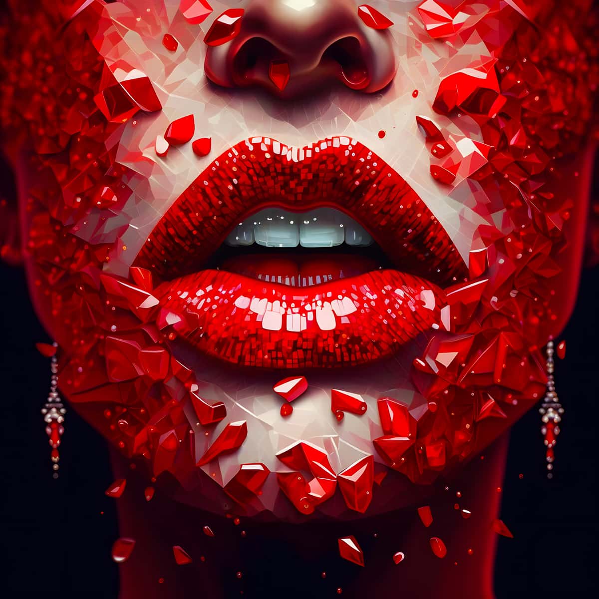 Close-up of red lips diamond painting, detailed and sparkling, perfect for paint by numbers enthusiasts. Art supplies included in kit.
