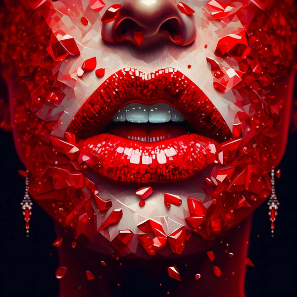 Close-up of red lips diamond painting, detailed and sparkling, perfect for paint by numbers enthusiasts. Art supplies included in kit.