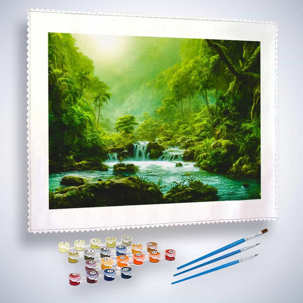 Malen nach Zahlen - Dschungelwasserfall - hochwertige Leinwand - Dschungel, Fluss, Horizontal, Landschaft