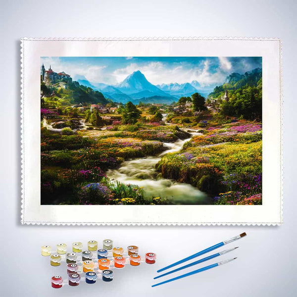Malen nach Zahlen - Blumige Dörfer - hochwertige Leinwand - Horizontal, Landschaft