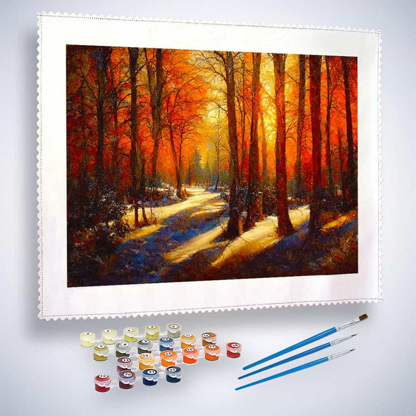 Malen nach Zahlen - Schattenspiel im Herbstwald - hochwertige Leinwand - Herbst, Horizontal, Landschaft, Wald