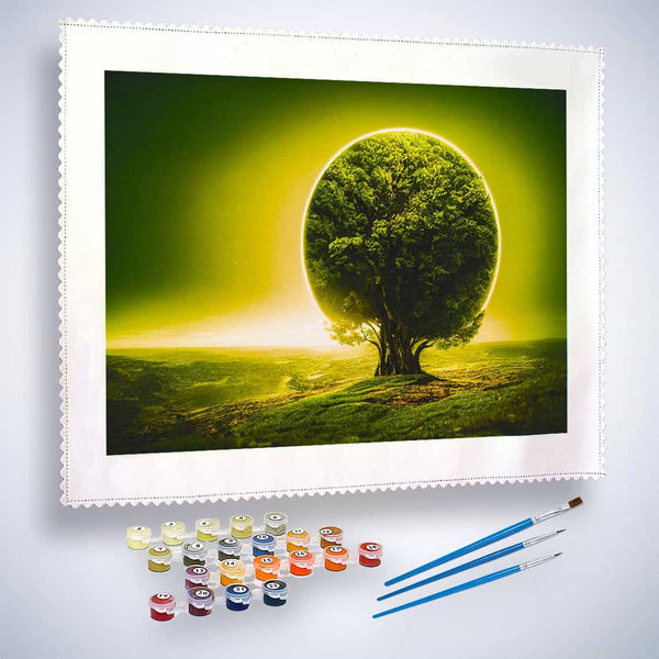 Malen nach Zahlen - Kugelbaum im Sonnenlicht - hochwertige Leinwand - Horizontal, Landschaft