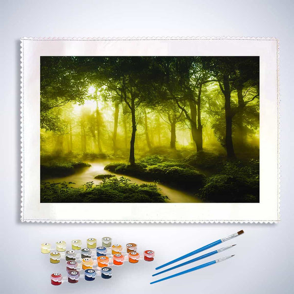 Malen nach Zahlen - Fluss im Grünen Wald - hochwertige Leinwand - Fluss, Horizontal, Landschaft