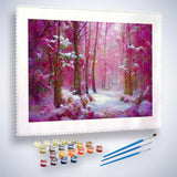 Malen nach Zahlen - Pinker Winterwald - hochwertige Leinwand - Abstrakt, Horizontal, Winter