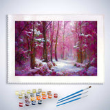 Malen nach Zahlen - Pinker Winterwald - hochwertige Leinwand - Abstrakt, Horizontal, Winter
